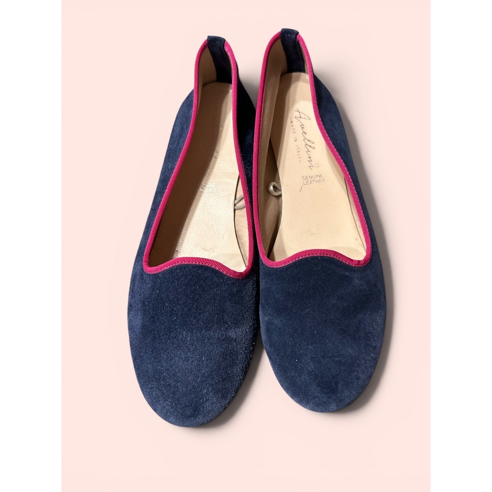 Anellino Suede Ballet Flats 39 Navy Blue Pink Trim Made in Italy Leather Lining
